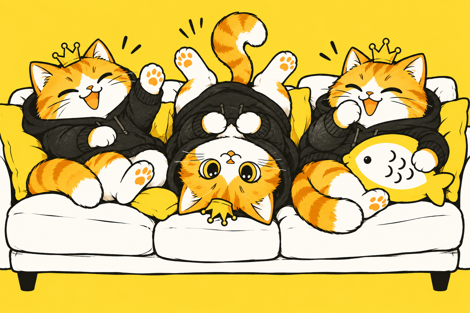 三只皇冠橘猫挤在沙发上，一只倒挂，身边是鱼抱枕