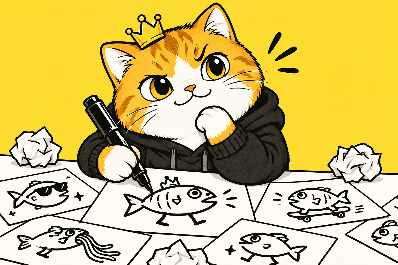 戴歪皇冠的橘猫拿着大号记号笔研究鱼形草图