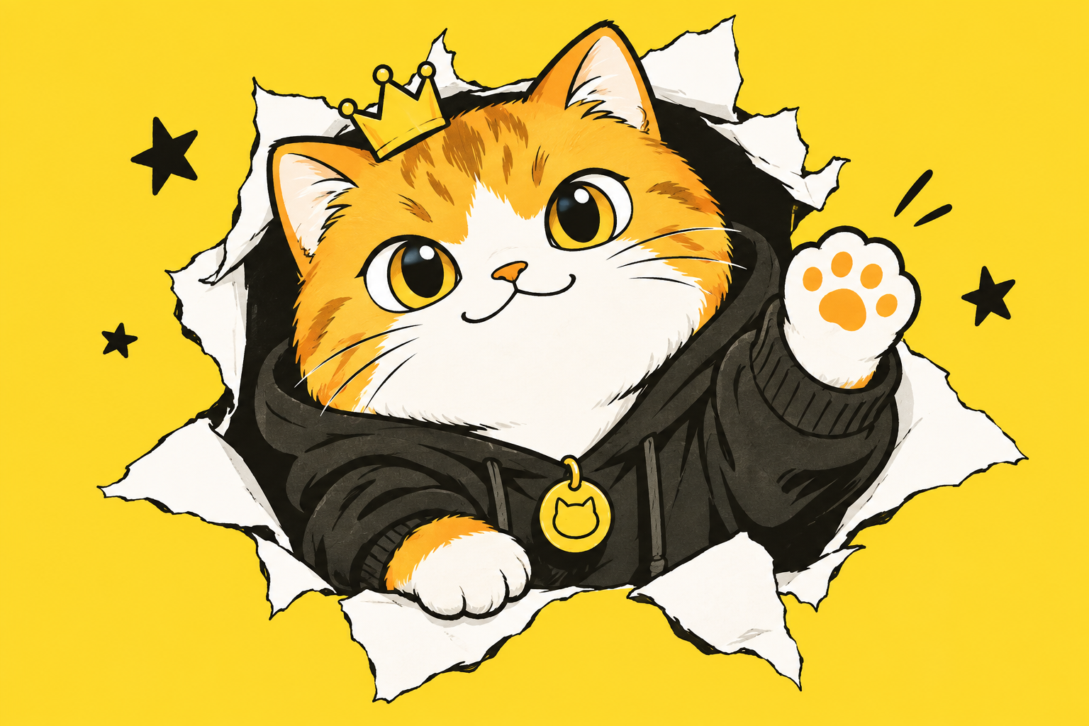 戴歪皇冠的橘猫从白色纸张后探出头，笑着挥爪